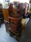 A NEST OF  THREE JACOBEAN STYLE OAK OBLONG COFFEE TABLES; A MAHOGANY FINISH SMALL CHEST OF FIVE