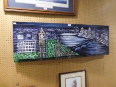 AN ACRYLIC PAINTING ON FIBREGLASS PANEL DEPICTING THE RIVER THAMES AT LONDON WITH BIG BEN AND THE