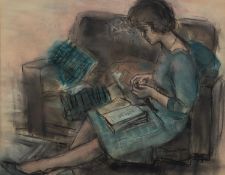 UNATTRIBUTED (20th Century) BLACK AND COLOURED CHALK DRAWING Study of lady seated reading Unsigned