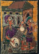 YINKA ADEYEMI (b.1941) BATIK Musicians Signed 32” x 22 ½” (81.3cm x 57.2cm)