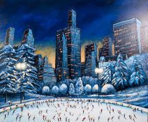 PHILLIP BISSELL (b.1952) ACRYLIC ON CANVAS?Winter Skaters, Central Park? Signed, titled to stretcher