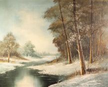 UNATTRIBUTED (MODERN) OIL PAINTING OIL ON CANVAS Winter riverscape with trees Unsigned 23 ½? x 29 ½?