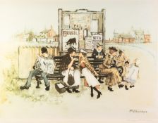 MARGARET CHAPMAN ARTIST SIGNED COLOUR PRINT Figures on a bench in front of an advertising board 17