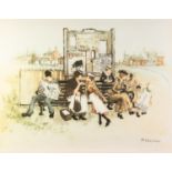 MARGARET CHAPMAN ARTIST SIGNED COLOUR PRINT Figures on a bench in front of an advertising board 17