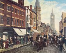 TOM DODSON ARTIST SIGNED COLOUR PRINT Bygone street scene with horse dran cart and figures 15 3/4" x