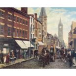 TOM DODSON ARTIST SIGNED COLOUR PRINT Bygone street scene with horse dran cart and figures 15 3/4" x