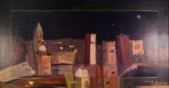 LUCA GIOVAGNOLI OIL PAINTING ON CANVAS 'Notorno', panoramic view of a Middle Eastern city by
