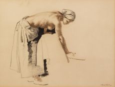 AFTER SIR WILLIAM RUSSELL FLINT PRINT OF A PENCIL DRAWING Semi naked woman bending to wash 7? x