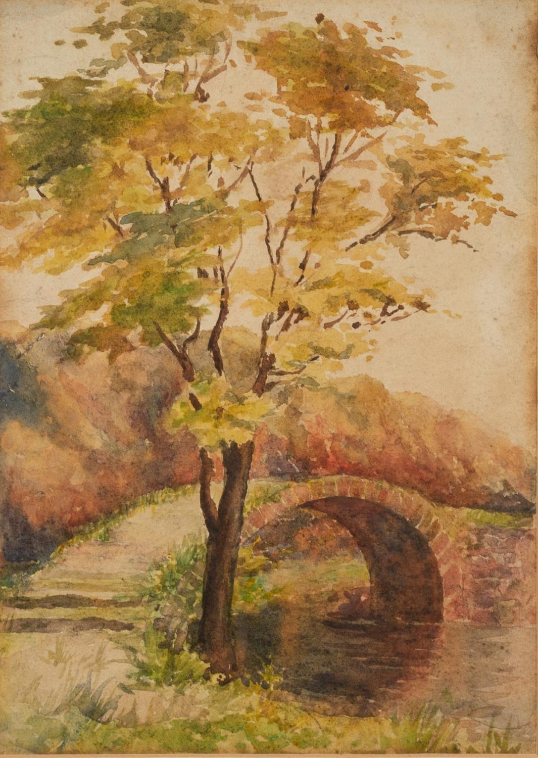 ATTRIBUTED TO WILLIAM SMALLWOOD WINDER (1869-1910) WATERCOLOUR DRAWING River scene with stone bridge