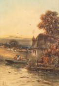 J. MILTON (EARLY TWENTIETH CENTURY) WATERCOLOUR DRAWING River scene with figure in a boat beside a