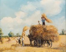 ARTHUR A PANK (Modern) OIL PAINTING ON BOARD Hay being loaded on to a horse-drawn wagon Signed lower