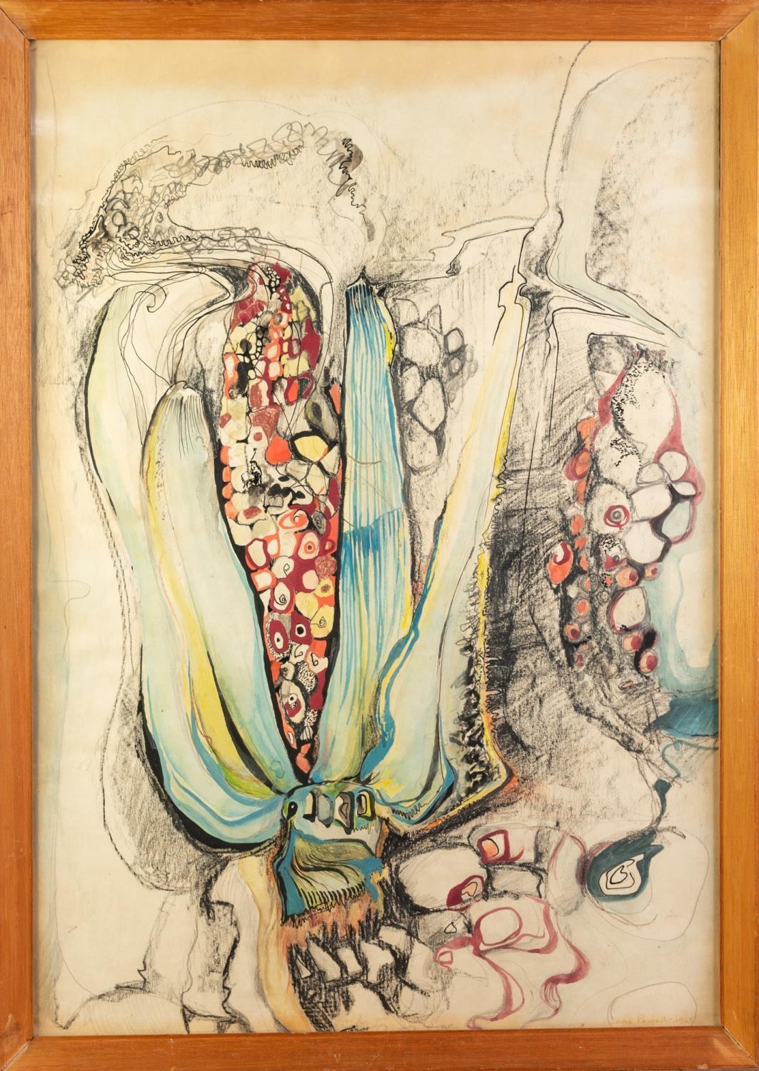 JANE POWELL (20th CENTURY) CHARCOAL, PENCIL, PEN, BLACK INK AND WATERCOLOUR DRAWING 'Sweetcorn' - Image 2 of 2