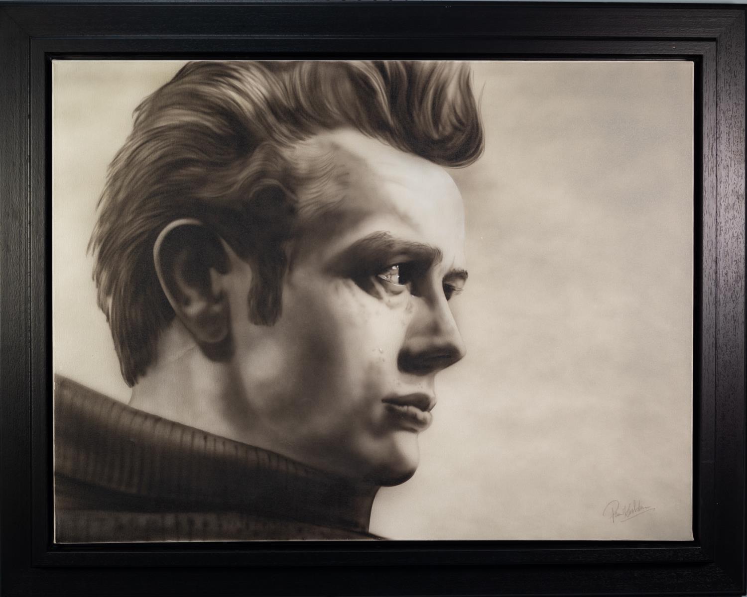 PAUL KARSLAKE (1958-2020) MONOCHROME AIRBRUSH ON CANVAS?Rebel Without a Cause? Signed, titled to - Image 2 of 2