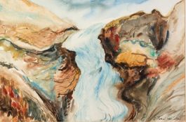 RON THOMAS (TWENTIETH CENTURY) WATERCOLOUR DRAWING ?The falls of Glen Nevis? Signed and dated