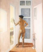 E.W. McCREANCK (Modern) OIL PAINTING ON ARTIST'S BOARD Naked woman standing before an open doorway