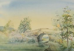 JOHN SHOOTER (TWENTIETH/ TWENTY FIRST CENTURY) WATERCOLOUR DRAWING Canal scene with stone bridge