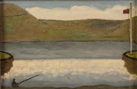 F.P. WHALLEY (TWENTIETH/ TWENTY FIRST CENTURY) OIL ON BOARD?By the Water?, figure fishing Signed