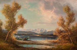 HANS WEGNER (TWENTIETH/ TWENTY FIRST CENTURY) OIL PAINTING ON CANVAS Continental lake scene with