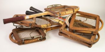 FIVE VINTAGE GUT STRING TENNIS RACQUETS with presses; BADMINTON RACQUETS; TWO SET OF MODERN