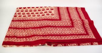 INDIAN 100% COTTON HAND BLOCKED TABLE CLOTH with a small all-over crimson repeat pattern of umbrella