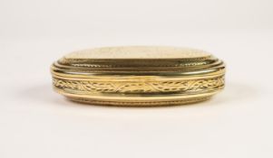 19th CENTURY DUTCH OVAL ENGRAVED BRASS TOBACCO BOX, the decoration worn and indistinct, on one