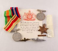 THREE WORLD WAR TWO SERVICE MEDALS WITH RIBBONS, viz 1939 - 45 War Medal, Defence Medal and the