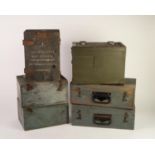 SIX VINTAGE WAR DEPARTMENT SMALL GREY PAINTED WOOD STORAGE BOXES, three marked for Ford
