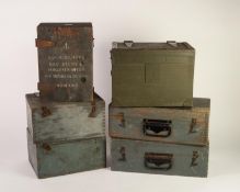 SIX VINTAGE WAR DEPARTMENT SMALL GREY PAINTED WOOD STORAGE BOXES, three marked for Ford