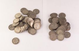 Thirty six 1947 silver shillings and a quantity of later nickel shilling coins