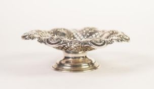 * JAMES DIXON & SONS, LATE VICTORIAN ROCOCO PIERCED AND EMBOSSED SILVER PEDESTAL DISH, polyfoil with