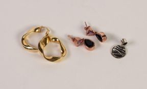 PAIR OF ITALIAN STERLING SILVER GILT TWISTED HOOP EARRINGS; a PAIR OF SILVER GILT AND STONE SET DROP