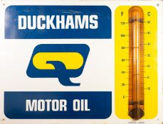 DUCKHAMS Q MOTOR OIL VINTAGE OBLONG ENAMEL SIGN, incorporating thermometer alongside, marked Burnham