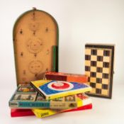 MODERN BAGATELLE BOARD OF TYPICAL DESIGN; FIVE BOARD AND OTHER GAMES/TOYS, including Monopoly,