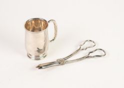 * SILVER CHRISTENING MUG, plain and straigth sided with hollow formed oval loop handle, moulded