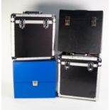 Two metal flight cases DJ boxes for vinyl records, with two traditional storage boxes, one lacking