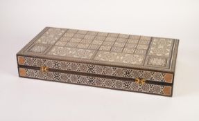 INTRICATELY INLAID MODERN MIDDLE EASTERN BACKGAMMON BOX, the hinged top opening to form a chessboard