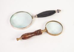 EARLY 20th CENTURY MAGNIFYING GLASS, plated metal frame with ribbed ebony handle, the glass 4in (