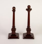 TWO, CIRCA 1920s TURNED MAHOGANY MASONIC CEREMONIAL COLUMNS, one with scroll carved capital, both