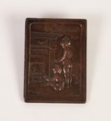 SMALL FRENCH EARLY 20th CENTURY BRONZE OBLONG BAS RELIEF PLAQUE, two children warming themselves