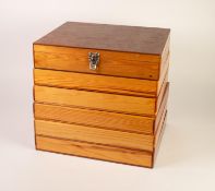 SIX SOFTWOOD TRAYS SUB-DIVIDED FOR GEOLOGICAL SPECIMENS (some trays empty) and a LIDDED EXAMPLE,