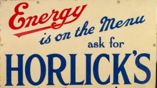 HORLICKS MID 20th CENTURY ENAMEL SIGN, single sided in red and blue on cream ground - Energy is on
