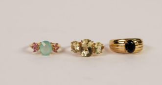 THREE SILVER GILT AND COLOURED STONE SET RINGS, (925 marks) (3)