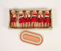 BOXED SET OF SIX ARI GERMANY COMPOSITION BOY AND GIRL SMALL DOLLS, with red and white felt fabric