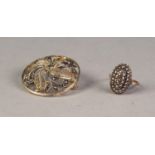 * SILVER AND MARCASITE OVAL RING AND A SILVER FILIGREE AND MARCASITE DOMED CIRCULAR BROOCH  (2)