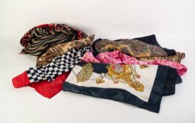 SEVEN VARIOUS SILK TYPE HEADSCARVES and a LONG, NARROW SCARF, some still tagged as new by Olsen,