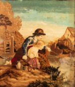 VICTORIAN PLUSH WORK OR CHENILLE FABRIC PICTURE, depicting a girl and boy by a mill pond, mill and