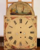 EARLY 19th CENTURY PAINTED ROUND ARCH TOP LONGCASE CLOCK DIAL, the arch painted with small man o'