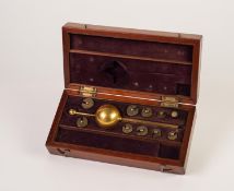 UNBRANDED EARLY 20th CENTURY BRASS BALL AND SHAFT SHAPED HYDROMETER AND WEIGHTS, in a mahogany