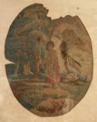 MAJOR PART OF A LATE 18th/EARLY 19th CENTURY WOOLWORK PICTURE, depicting a girl gathering wood in