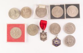 Victorian silver prize medallion, on a red ribbon, 1892; silver bowls prize medallion and ten